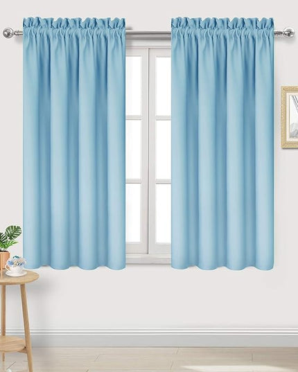DWCN Blackout Curtains Thermal Insulated Energy Saving Bedroom and Kitchen Curtains Window Treatments, W 38 x L 45 Inch, Set of 2 Light Blue Rod Pocket Drapes