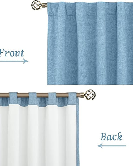 LAMIT Blue 100% Blackout Window Curtains for Boy Bedroom, 45 Inches Linen Textured Thermal Farmhouse Curtains Back Tab and Rod Pocket Window Panels with White Liner, 2 Panels, 52 x 45 Inch