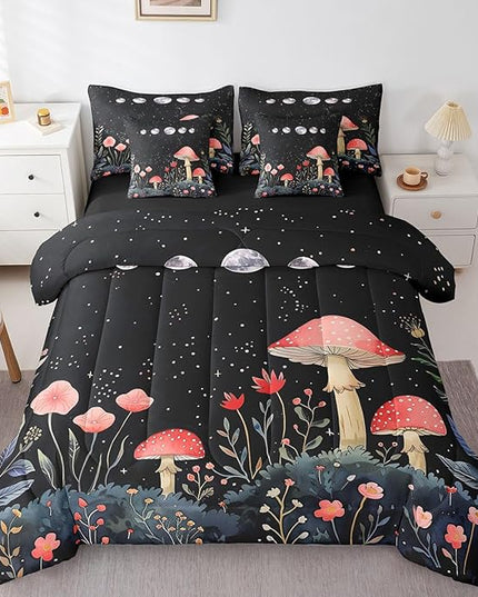 Feelyou Gothic Nature 7 Piece Bedding Set Queen Size Flower Mushroom Comforter Set with Sheets for Teens Boys Girls Bedroom Decor Rustic Garden Bed in a Bag Soft Reversible Bed Set