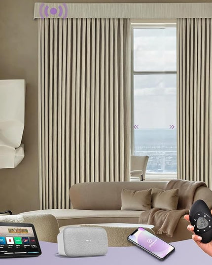 Graywind Rechargeable Smart Curtains Compatible with Alexa App Remote Control Motorized Drape for Sliding Door One-Way or Split Draw, Custom Width Up to 220" (Cloud Series)