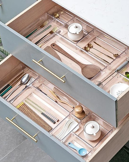 8 Pack Clear Drawer Organizer, 4 Sizes Organization and Storage Trays, Drawer Organizer Bins for Kitchen, Vanity, Bathroom, Office