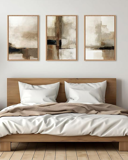 HOURIA Large Abstract Neutral Framed Canvas Wall Art Set,Brown Beige Wall Decor,Minimalist Black Wall Painting,Modern Brush Stroke Line Art Print for Living Room,Bedroom,Office- 16"x24"x3