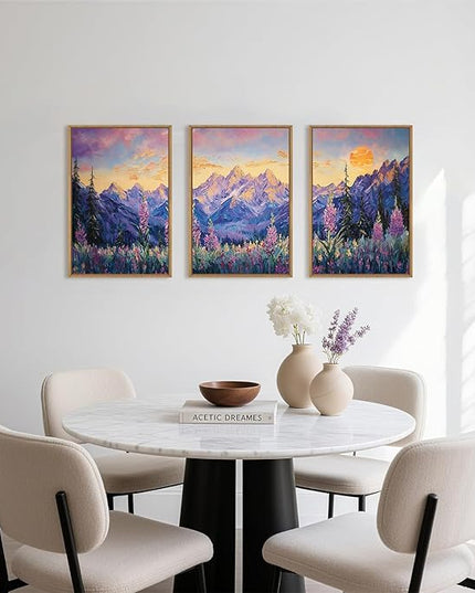 HOURIA Vintage Purple Mountain Landscape Framed Canvas Wall Art Set,Watercolor Boho Floral Tree Wall Decor,Modern Natural Soft Sunlight Field Artwork for Living Room, Bedroom,Farmhouse-16 x24 x3