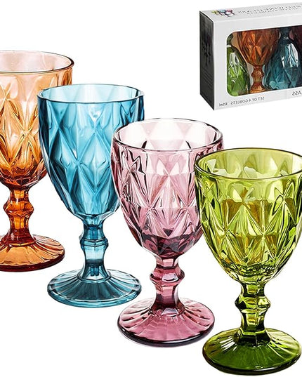 Vintage Wine Glasses Set of 4, Plastic Reusable 12 Ounce Colored Water Goblets, Unique Embossed Pattern Unbreakable Stemmed Wine Glasses, High Clear Wedding Party Bar Drinking Cups Multicolor