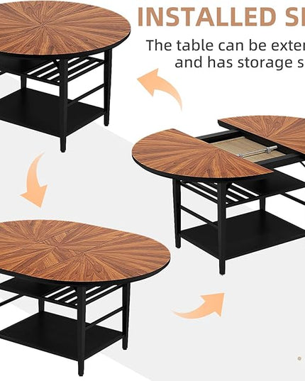VFK 47.2"-63" Extendable Round Dining Table Set for 4–6, Solid Wood & Metal Table with Wine Rack Storage Shelf, Walnut Kitchen Furniture with 6 Upholstered Chairs (Storage Table and 6 Black Chairs)
