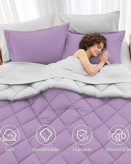 MUXHOMO 7 Pieces California King Comforter Set, Reversible Bed in a Bag Cal King Size, All Season Bedding Set with Comforter, Flat Sheet, Fitted Sheet, Pillowcases & Shams, Greyish Purple & Light Grey
