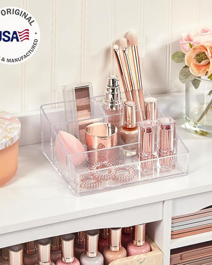 STORi Clear Plastic Small Countertop Vanity Makeup Organizer, Compact Rectangular 4-Compartment Holder for Brushes, Eyeshadow Palettes, & Beauty Supplies, Made in USA