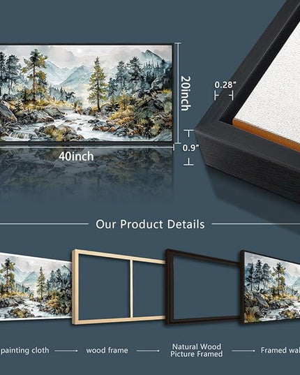 PHAOHUAXM Large Wall Art For Bedroom Wall Decor For Living Room Office Home Decoration Rivulet View Painting Forest Tree Landscape Watercolour Canvas Pictures Ready To Hang Black Framed 20x40 In