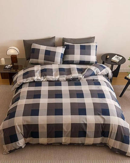 Luxlovery Checkered Navy Blue Comforter Set Twin Gingham Plaid Comforter Boys Kids Bedding Set Fluffy Soft Grid Khaki and Blue Blanket Quilts with 2 Pillowcases