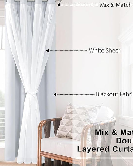 Hiasan Greyish White Blackout Curtains with Sheer Overlay, Grommet Thermal Insulated Mix & Match Double Layer Window Curtains for Bedroom, Living Room, 2 Drape Panels Sewn with Tiebacks, 38W X 84L