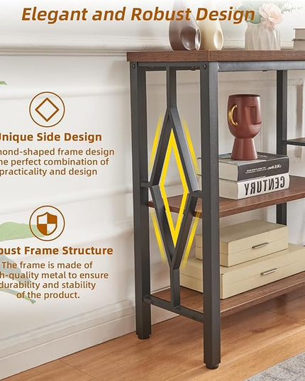 HOMBAZAAR Console Sofa Table, Rustic Entryway Table with Metal Frame and Open Shelves, Industrial Hallway Table with 3 Tier for Entry, Living Room, Foyer,Brown,47 inch