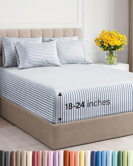 Extra Deep Full Sheet Set - 6 Piece Breathable and Cooling Sheets - Hotel Luxury Bed Sheets Set - Easy Fit - Soft, Wrinkle Free and Comfy Sheets Set - Blue Striped Sheet Set with Extra Deep Pockets