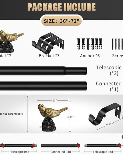 Vintage Gold Curtain Rod 36 to 72 Inches Curtain Rods for Windows Adjustable Heavy Duty Drapery Rod with Bird Finials for Living Room Bedroom