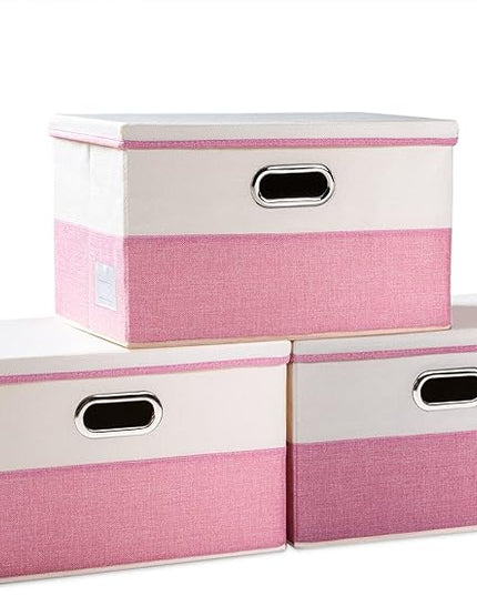 PRANDOM Large Collapsible Storage Bins with Lids [3-Pack] Fabric Foldable Storage Boxes Organizer Containers Baskets Cube with Cover for Home Bedroom Closet Office Pink&Cream(17.7x11.8x11.8)