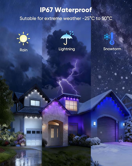 APPECK Permanent Outdoor Lights 200ft with 144 LED Lights, 72W Smart RGBW Eaves Lights, DC 36V, 40LM, IP67 Waterproof String Lights for Halloween Christmas Decor, Compatible with Alexa, Black