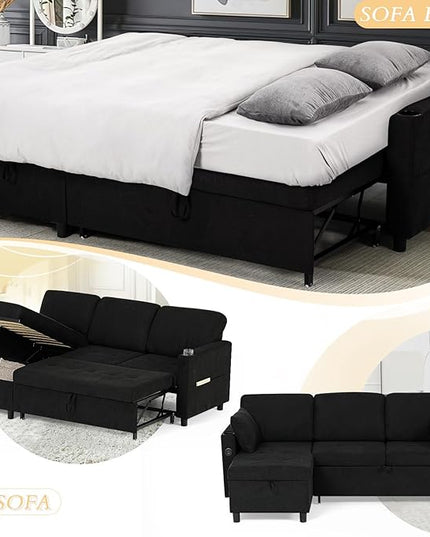 84" Sectional Pull Out Sofa Bed with Adjustable Backrests, L-Shaped Sleeper Sofa with USB Ports, Upholstered Reversible Couch with Cup Holder & Storage Space for Living Room, House, Black