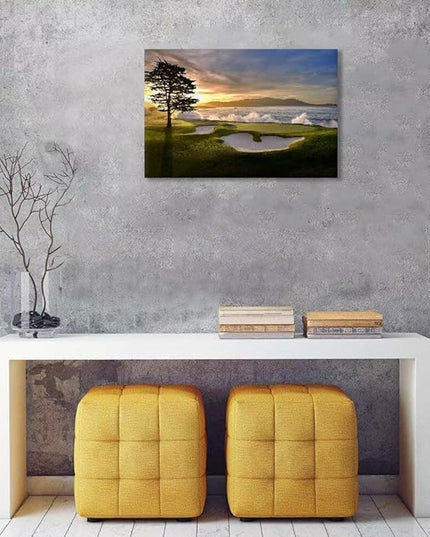 chenchenArt Pebble Beach Golf Course Wall Art Pictures Golf Course Poster Canvas Prints Golf Artwork Wall Decor for Living Room Bedroom Bathroom Home Decorations Framed Ready to Hang(18''H x 24''W)