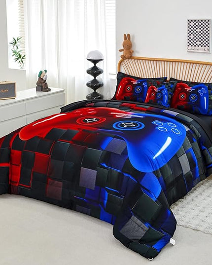 PERFEMET 6 Pieces Kids Comforter Sets Twin Size Red and Blue Game Console Bedding Set for Boys Girls Soft Fluffy 3D Cool Teen Gamer Bed in A Bag for All Seasons(Red Blue, Twin)