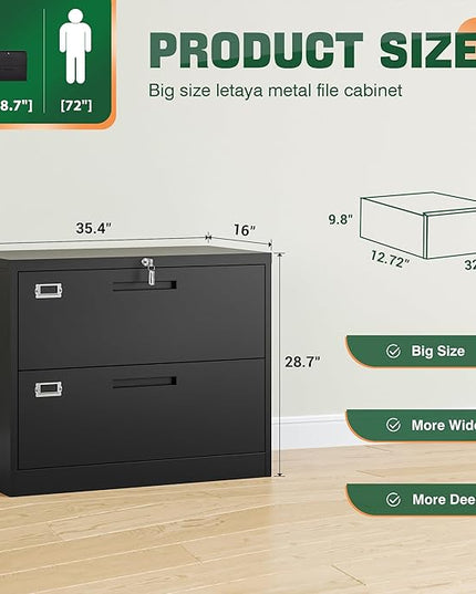 Letaya Metal Lateral File Cabinets with Lock,2 Drawer Steel Wide Filing Organization Storage Cabinets,Home Office Furniture for Hanging Files Letter/Legal/F4/A4 Size (Blcak-2 Drawer)