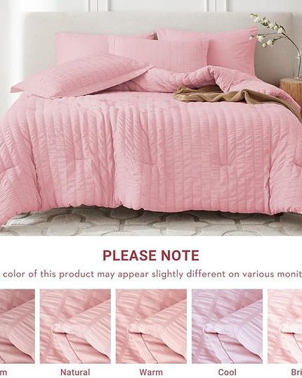 MUXHOMO 7 Pieces Queen Comforter Set, Seersucker Bed in a Bag Queen Size, All Season Luxury Bedding Set with Comforter, Flat Sheet, Fitted Sheet, Pillowcases & Shams, Pink