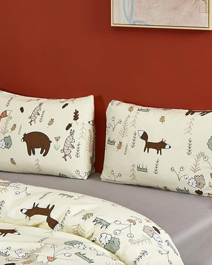 CLOTHKNOW Yellow Animal Twin/Twin XL Comforter Set 3Pcs Kids Bedding Comforter Sets Soft Cartoon Comforter Fox Rabbit Beige Bedding with 2 x Pillow Cases