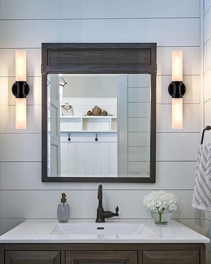 Modern Black Glass Wall Sconce 2-Light Cylinder Bathroom Wall Light Fixtures 20-Inch Frosted Glass Sconces Wall Lighting for Bedroom Living Room Hallway