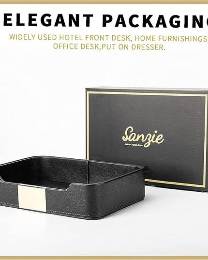 SANZIE Luxury Leather Tray Desktop Storage Catchall Organizer Decorative Tray for Entryway Table to Hold Jewelry Watch Keys Phone Wallet (Metal Glided, Black)