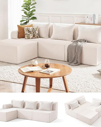93" Sectional Couches for Living Room, Modular Sectional Sofa, Cloud Couch with L-Shape Chaise, Boneless Couches, Comfy Corduroy Fluffy Couch with Deep Seat, No Assembly Required, Beige