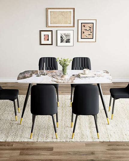 7 Piece Dining Table Set, Dinner Table Set for 6, Sintered Stone Kitchen Table Top and Modern Chairs Set of 6 for Kitchen Dining Room
