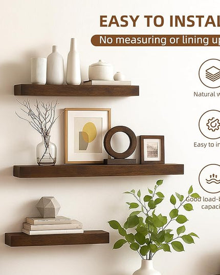 Floating Shelves for Wall, 23.6 inch Long Set of 3 Wood Rustic Wall Mounted Shelves, Display Shelf with Invisible Heavy, Large Deep Shelves for Home Decor & Storage for Living Room, Kitchen