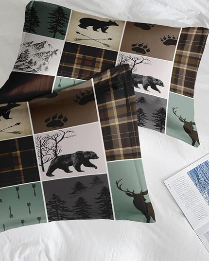 Comforter Set Full Size, Hunting Wildlife Deer Bear Soft 3 Pcs Bedding for Kids and Adults Vintage Winter Animal Plaid Comforter Set with 2 Pillowcases for Bedroom Bed Decor