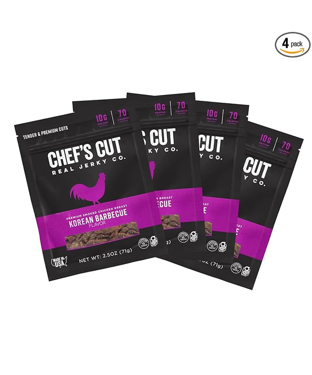 Chef’s Cut Real Chicken Jerky | High Protein Meat Snack with 10 g Protein & 70 Calories, Gluten Free, Keto-Friendly, Premium Lean Smoked Chicken Breast | Korean Barbecue | 2.5 oz (Pack of 4)