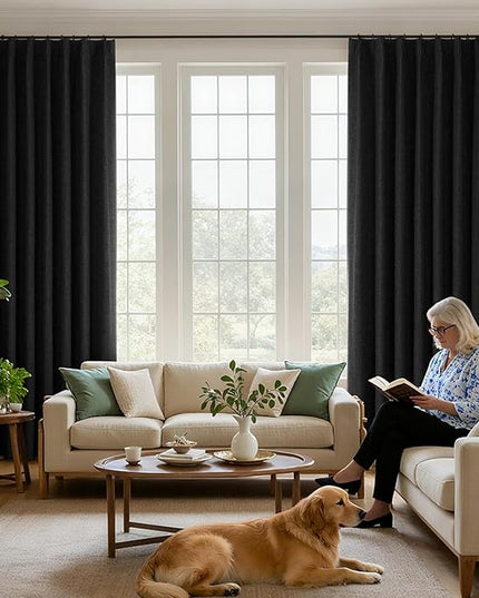 Joydeco Pinch Pleated Curtains - 100% Blackout for Bedroom, Black Linen Curtains 40" W x 108" L, Thermal Insulated 2 Panels Light Blocking Drapes, Back Tabs for Living Room