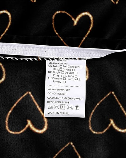 Twin Size Golden Hearts Duvet Cover with Pillowcases Gold Glitter Bed Set Black Bedding Comforter Cover for Gilrs Bedroom