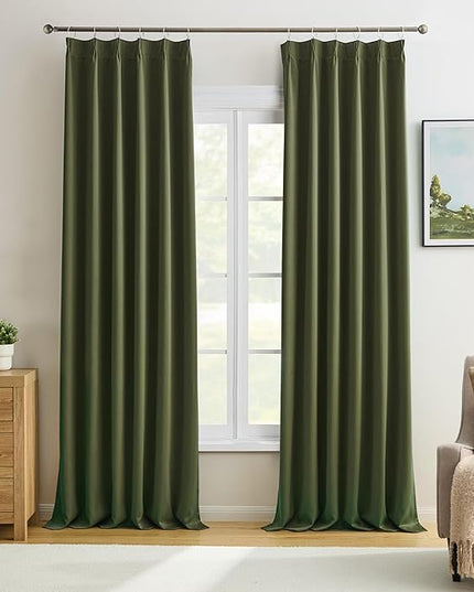 KEQIAOSUOCAI Dark Academia Olive Green Curtains Blackout with Pinch Pleat, 90 Inch Drapes 2 Panels Thermal Insulated Window Treatment Energy Saving Sound Reducing Draperies for Bedroom 40x90