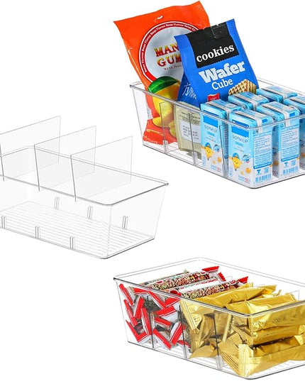 wilfox Pantry Organization, 3 Pack Clear Organizer Bins with Removable Dividers for Pantry, Kitchen, Fridge, Cabinet, Stackable Storage Bins for Snack, Pouches, Spice Packets
