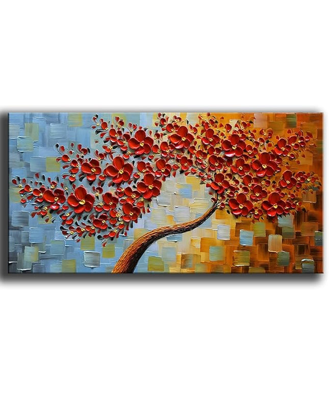 YaSheng Art -handpainted Texture Flowers Contemporary Art Oil Painting On Canvas Abstract Canvas Art 3D Red Tree Paintings Modern Home Wall Art for living room Bedroom Dining Room Office Wall Decor 24x48inch