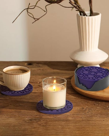 6 Pack Purple Silicone Coffee Coasters with Holder, 4 Inches Non-Slip Decorative Round Coaster for Tabletop, Desk Dishwasher Safe Cup Mat for Bar, Drinks, Beer