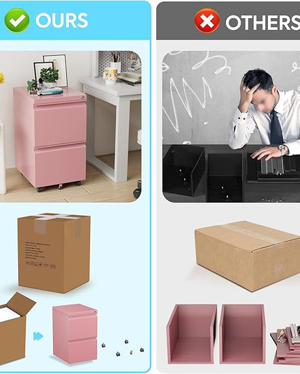 METAN 2 Drawer File Cabinet with Lock, Mobile Under Desk Filing Cabinet for Office Legal/Letter Size, Fully Assembled Except Wheels,Pink