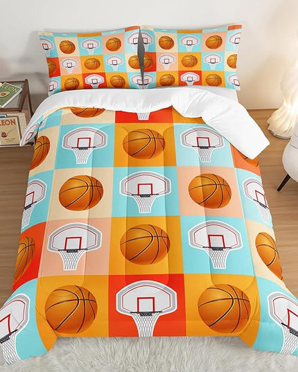Basketball Comforter Kids Bedding Full Size,Sports Style Basketball Printing Bedding Set for Teens Boys Bedroom Decor,Ball Sports Games Comforter Set Soft Kids Bedding with 2 Pillowcases.