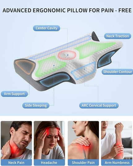 2025 Upgrade Neckhaven Pillow, Neckhaven Pillow Hospitality Collection, Memory Foam Ergonomic Cervical Neck Pillows with Cooling Cover for Neck Pain Relief Side Back Stomach Sleeper (White Grey)