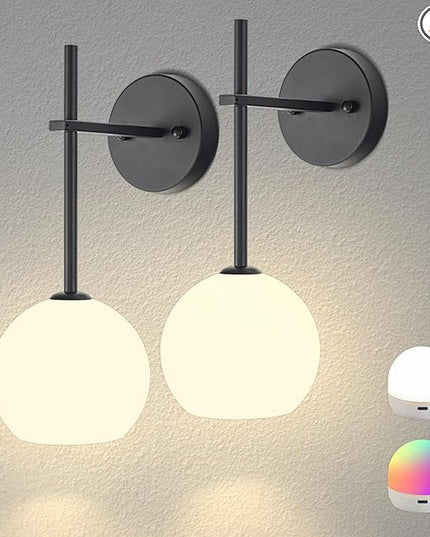 Black Battery Operated Wall Sconces Set of 2, Rechargeable Wireless Wall Lights with Milky White Frosted Glass Shade, 12 RGB and 3CCT Dimmable, Wall Lamps with Remote for Bedroom Living Room Hallway
