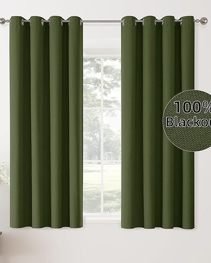ChrisDowa 100% Blackout Olive Green Solid Curtains 63 Inches Long 2 Panels for Bedroom Living Room,Farmhouse Room Darkening Thermal Insulated Soundproof Grommet Top Window Treatment Drapes,52x63