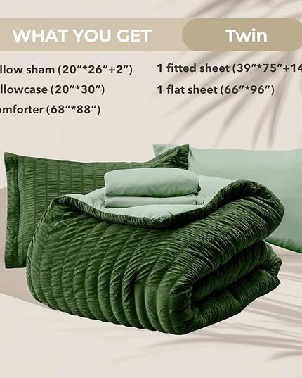HYMOKEGE Dark Green/Sage Green Twin Comforter Set Seersucker 5 Pieces, All Season Luxury Bed in a Bag for Bedroom, Bedding Set with Comforter, Sheets, Pillowcase & Sham