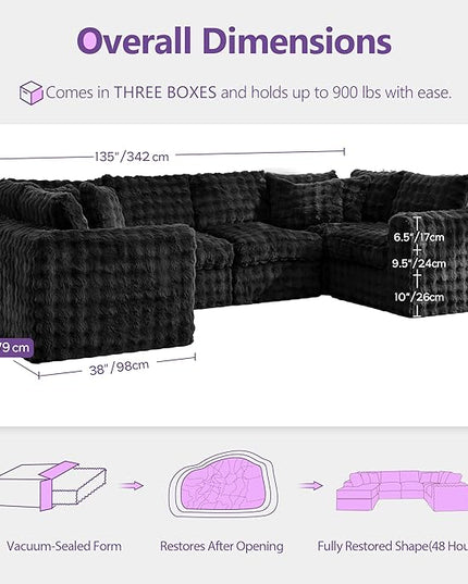 TYBOATLE 135’’ Boneless Slow-Rebound Memory Foam Couch, Cloud Sectional Couches for Living Room w/Upgraded Fabric, Deep Seat Comfy Fluffy U Shaped Modular Sectional Sofa w/Chaise