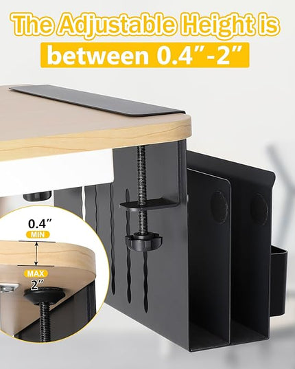 2 TIER Desk Side Storage Upgraded Under Desk Organizer, No Drill Hanging Laptop Holder Under Desk, Clamp-On Table Side Tray Steel Desktop Organization for Office and Home (Black)
