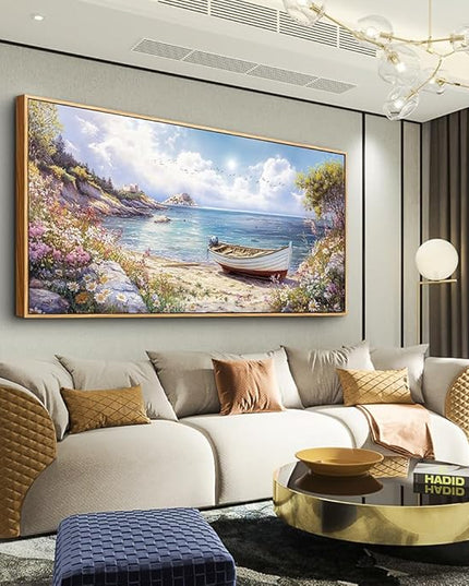 Wood Farmed Canvas Wall Art For Living Room Large Wall Decor For Office Bedroom Decorations The Sea Boat Landscape Pictures Farmhouse Painting Artwork Room Wall Mural Aesthetic Home Decor 30x60 In