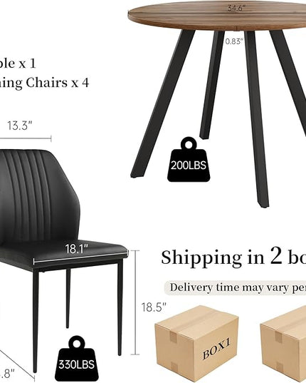 34.6'' Round Dining Table and Chairs for 4 Space Saving for Apartment Kitchen Dining Room (Walnut Table+4 Black Chairs)
