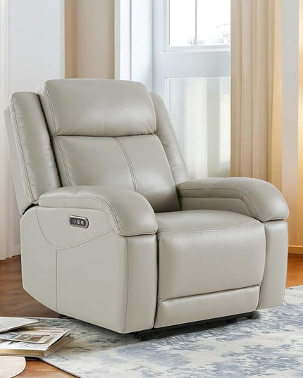 Watson & Whitely Genuine Leather Power Recliner Chairs for Adults, Wall Hugger RV Recliner with Power Headrest & Charging Ports, Electric Recliner Sofa Chair for Living Room, Grey