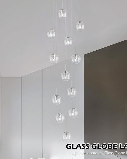 KoKo&Yukina 12-Light Nickel Mid Century Modern Chandelier for Living Room Staircase Chandelier for Entryway Clear Globe Glass Chandelier High Ceiling Chandeliers Foyer Entryway (Bulb & Remote Incl.)